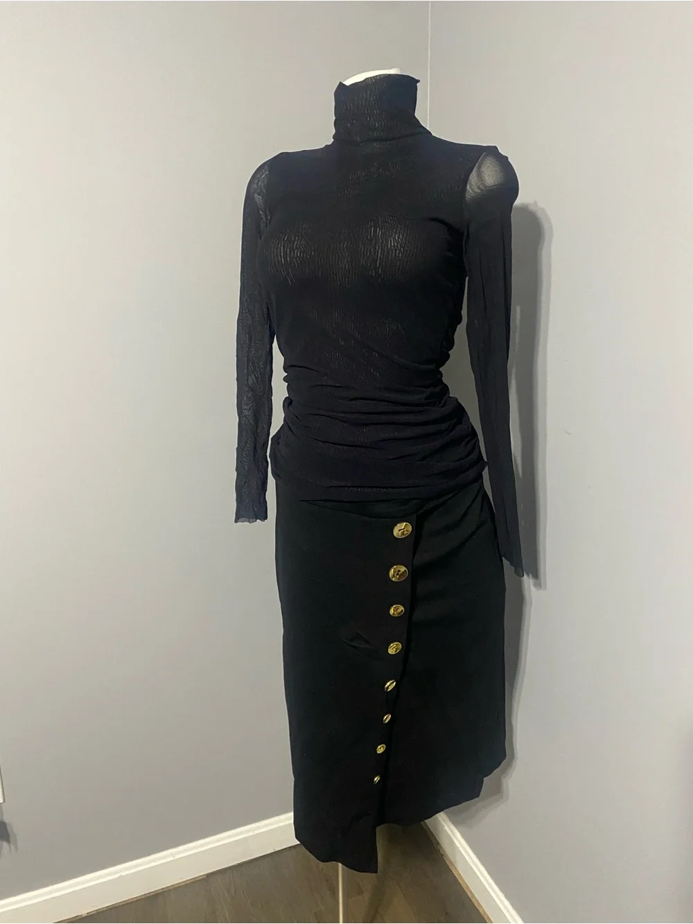 Carmen Marc Valvo Black Midi Skirt with Gold Button Placket